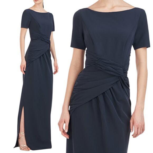 Kay Unger Garbo Gathered Column Gown Short Sleeve Carbon Blue Size 8 - Picture 3 of 14